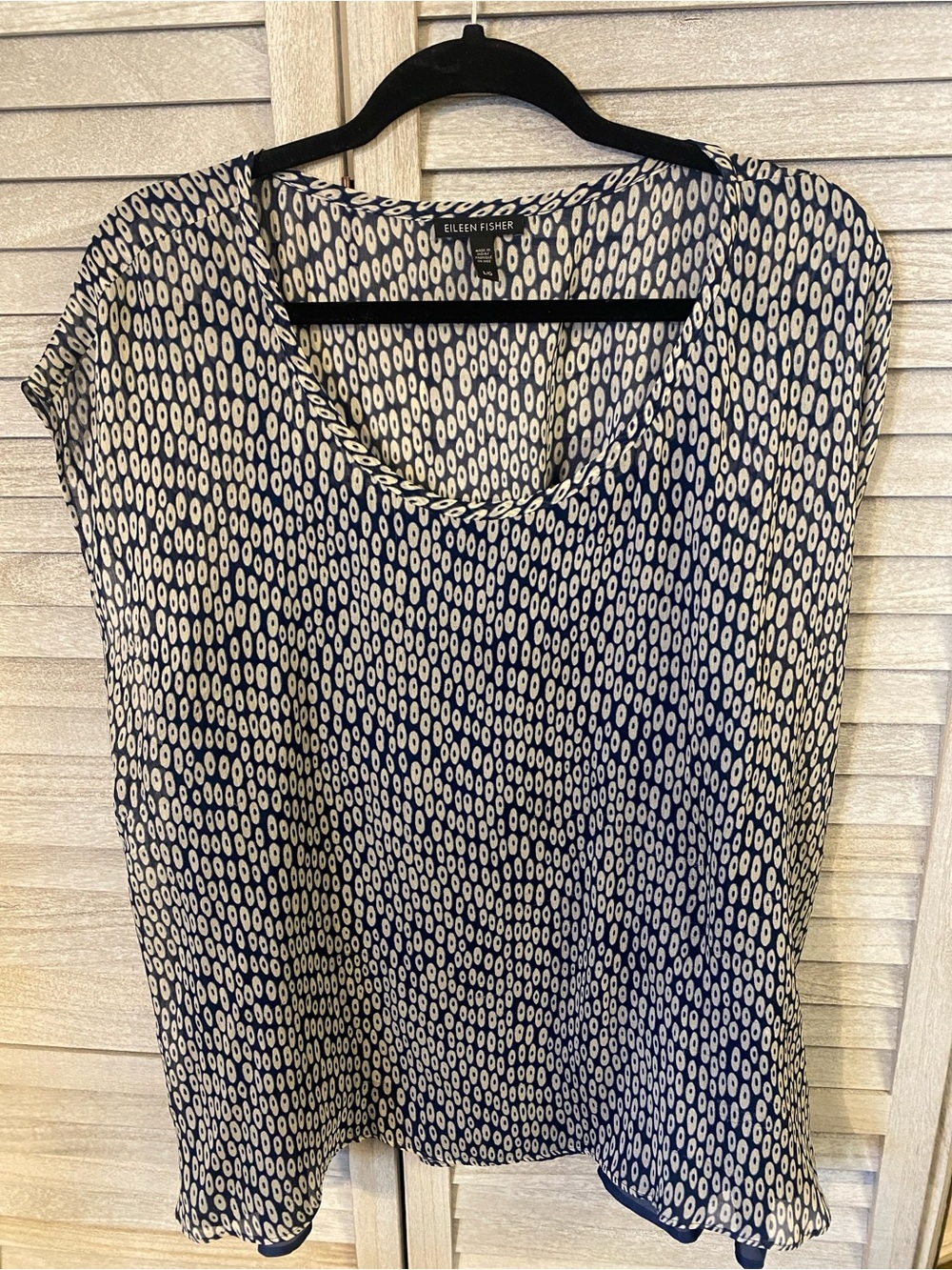 Eileen Fisher Layered Silk Navy and White Printed Cap Sleeve Blouse